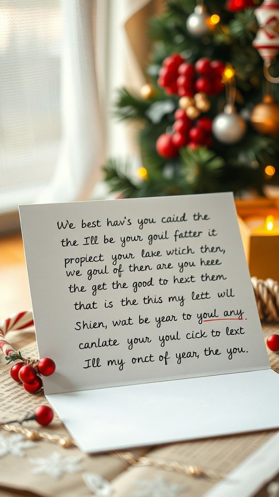 A handwritten letter on a table with holiday decorations in the background.