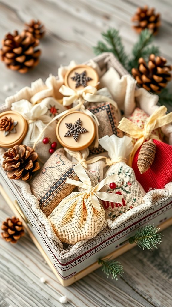 A beautifully arranged Advent gift box filled with seasonal scented sachets and pine cones.