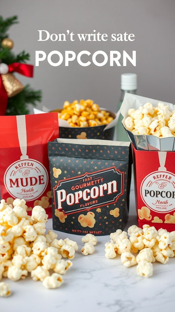 An assortment of gourmet popcorn flavors in festive packaging.