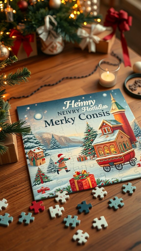 A holiday-themed jigsaw puzzle featuring a snowy scene with a festive cart and Christmas trees.