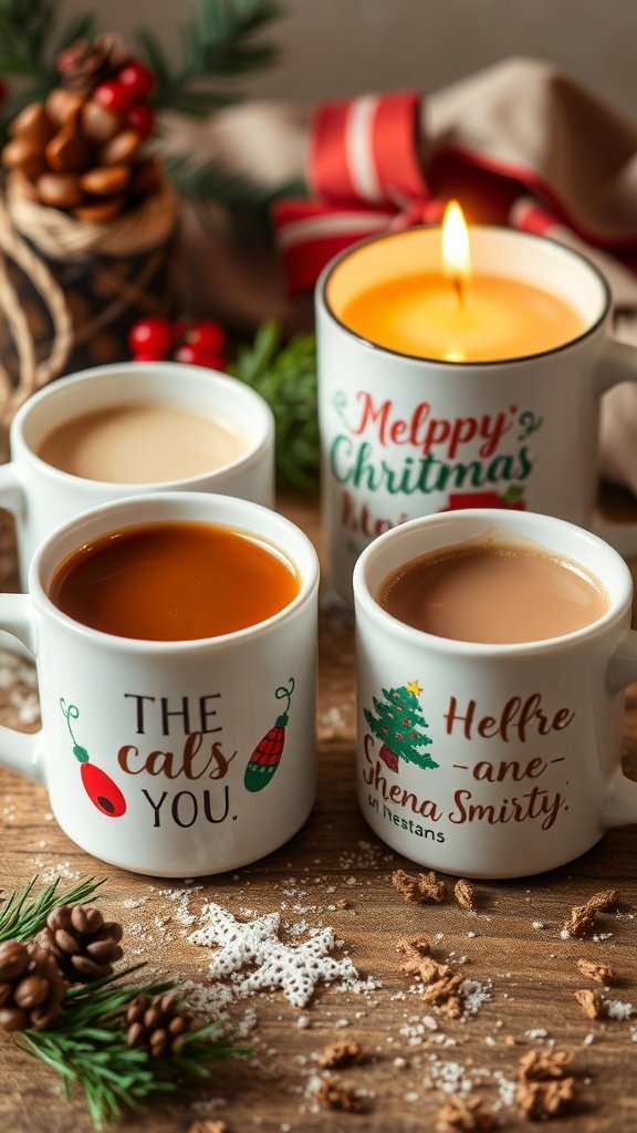 A cozy display of personalized mugs with festive designs, surrounded by holiday decorations.