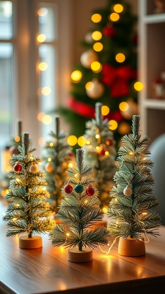 A collection of miniature Christmas trees with lights and ornaments