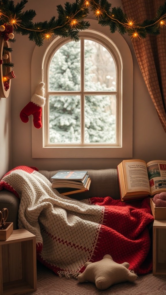 A cozy reading nook with holiday storybooks, a warm blanket, and festive decorations.
