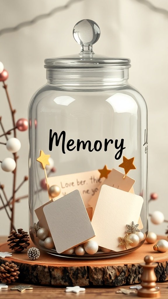 A glass jar labeled 'Memory' filled with notes and decorative items.
