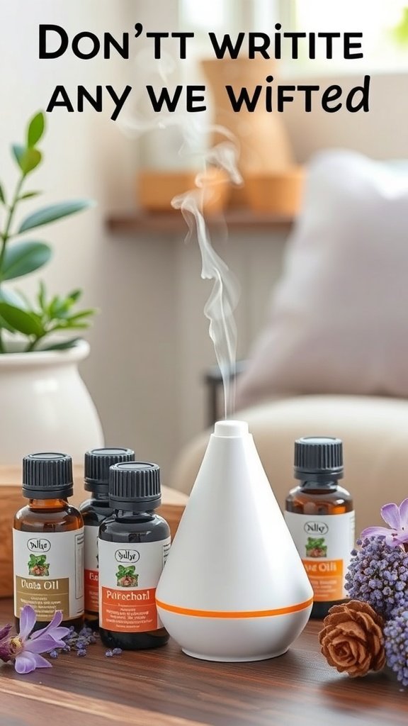 A diffuser with scented oils and flowers on a wooden table.