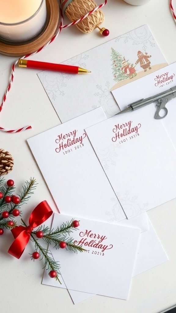 A collection of customized stationery with holiday themes, including cards and envelopes, alongside a pen and decorative elements.