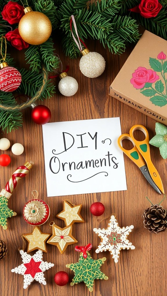 A flat lay of DIY ornament supplies including ornaments, scissors, and a sign that says 'DIY Ornaments'.