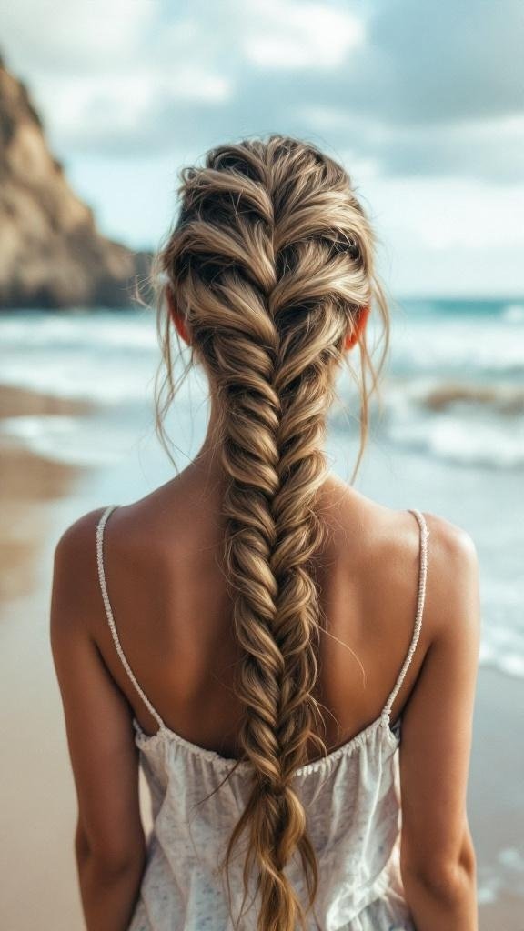 A close-up of a waterfall braid hairstyle on a woman with long hair, sitting by the beach.