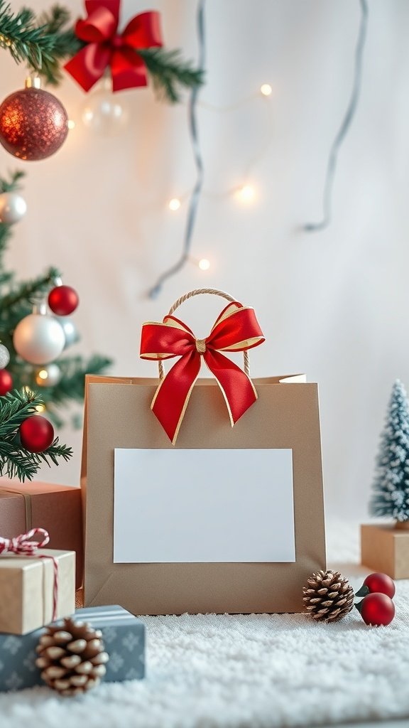 A festive gift bag with a red bow, surrounded by holiday decorations and gifts.