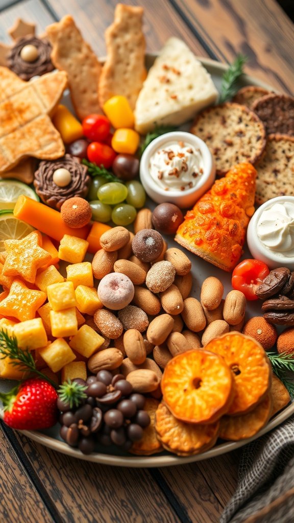 A colorful assortment of seasonal snacks and treats on a platter.