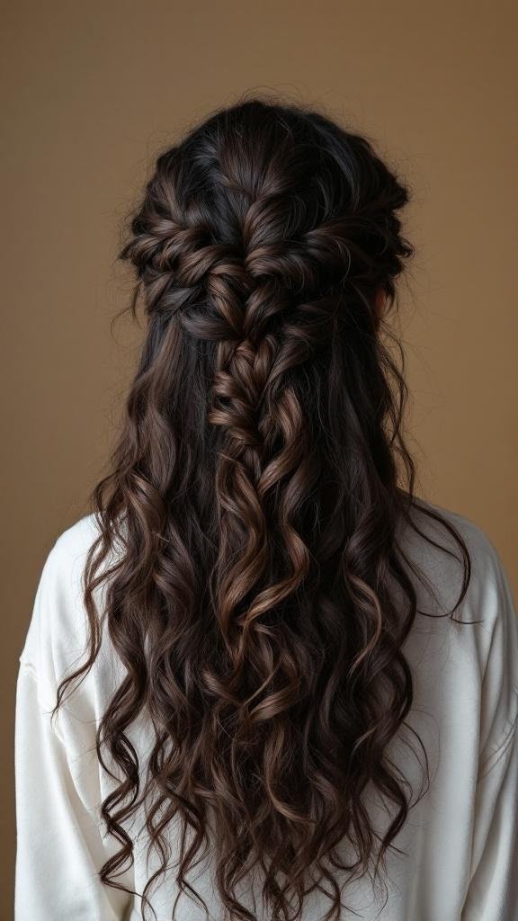 A woman with long, curly hair styled in a flat twist curl out.