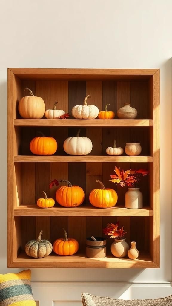 Decorative Gourds Arranged On Open Shelves