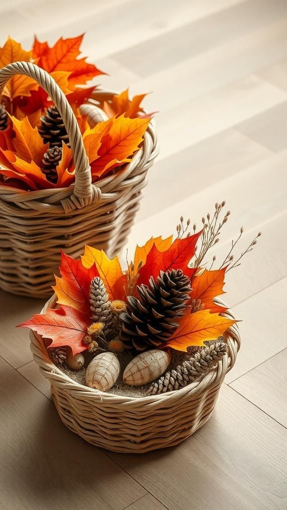 Natural Fiber Baskets Filled With Fall Foliage