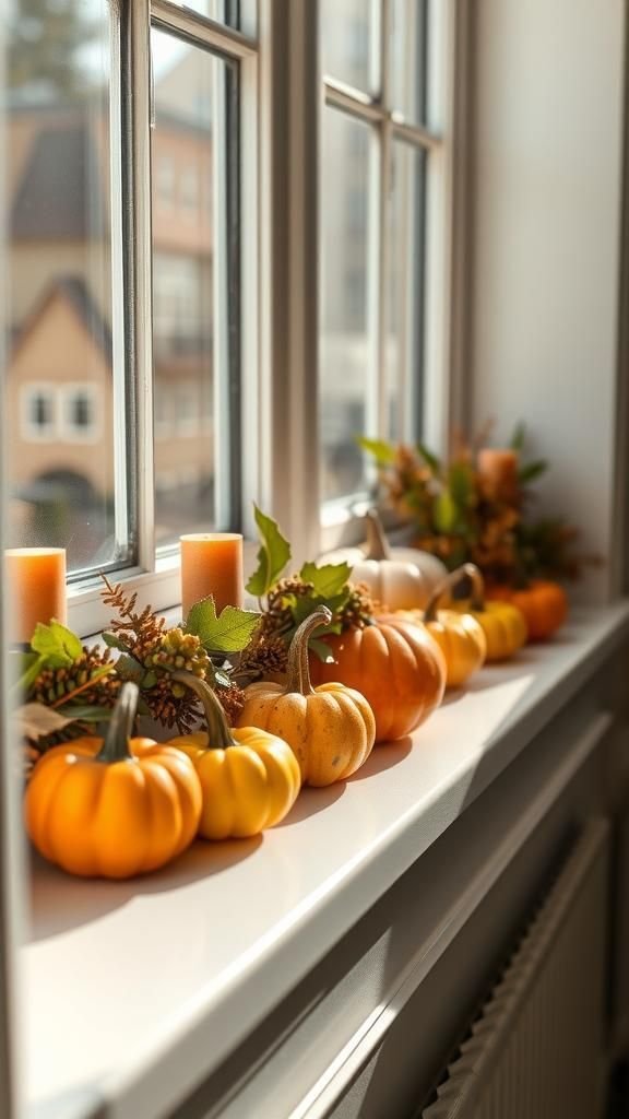 Window Sills Decorated With Mini Pumpkin Rows