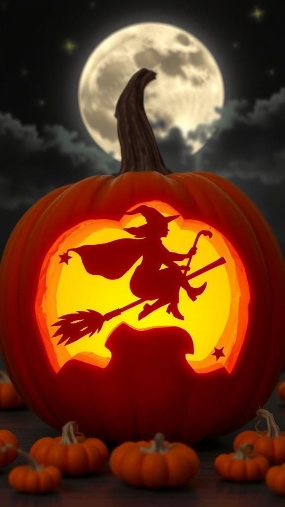 Witch Silhouette Flying Past the Moon