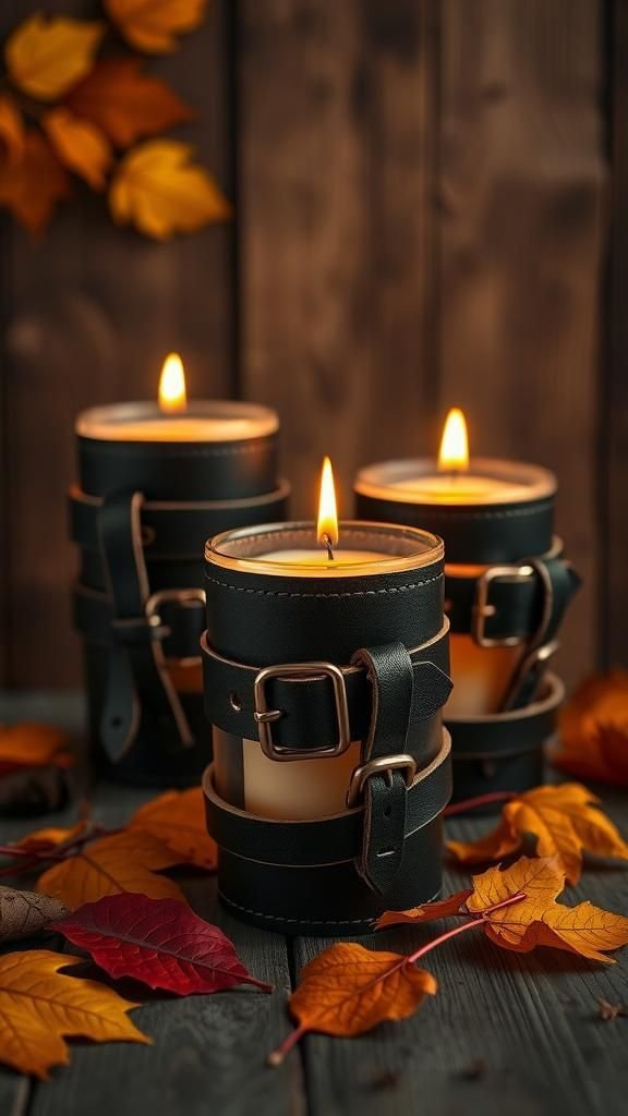 Leather Strap Wrapped Candle Holders with Rustic Appeal