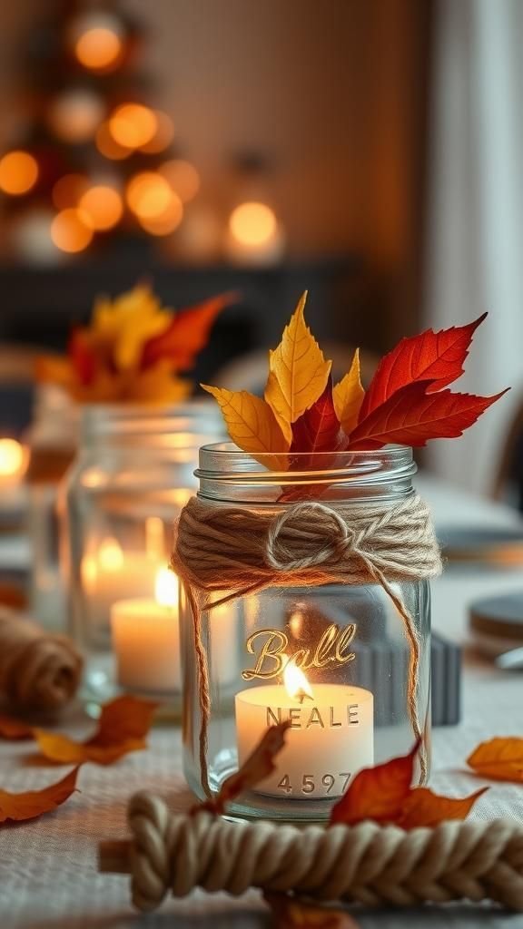 Mason Jar Lanterns with Twine and Leaves
