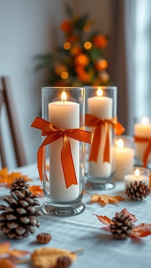 Orange and Brown Ribbon Accents on Candle Holders