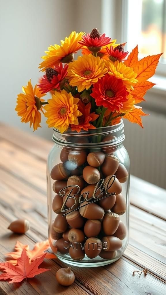 Acorn And Leaf Mason Jar Vase Arrangement