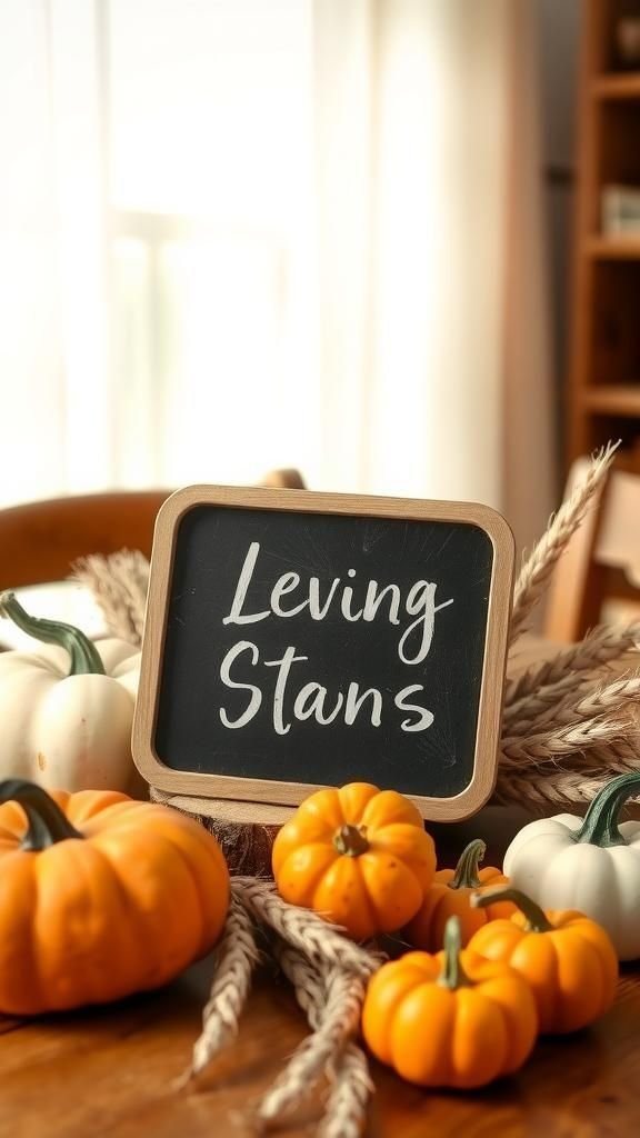 Harvest-Themed Chalkboard Sign With Mini Pumpkin Display