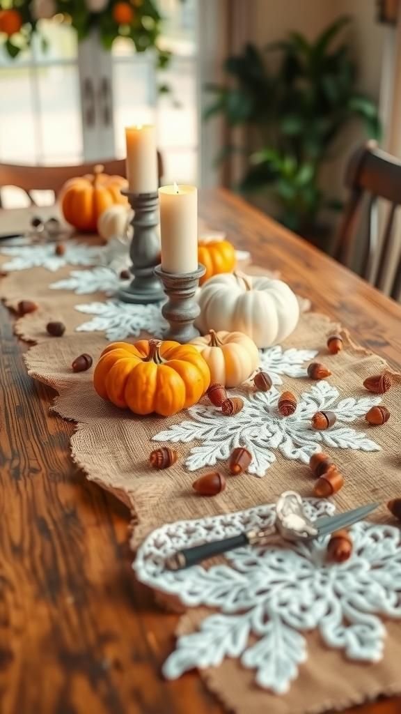 Layered Burlap And Lace Table Runner With Candles