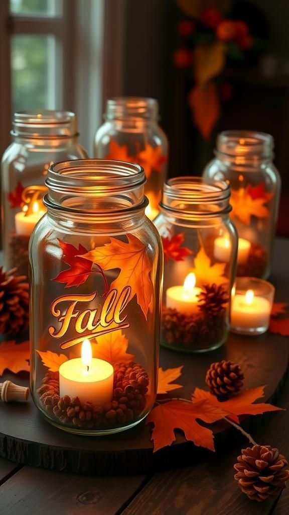 Mason Jar Lanterns With Tea Lights And Fall Leaves