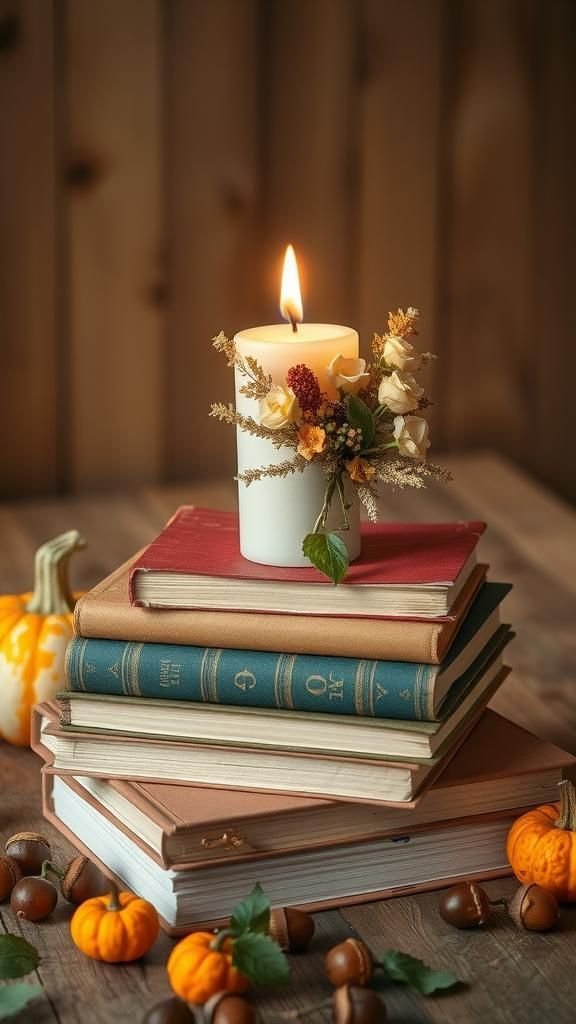 Stacked Books With Candle And Dried Flower Display