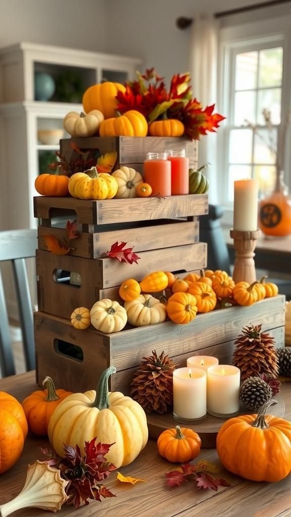 Stacked Wooden Boxes Filled With Gourds And Candles