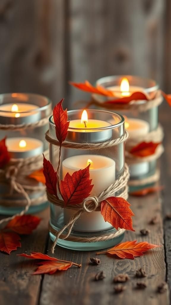 Twine-Wrapped Candle Holders With Autumn Leaf Accents