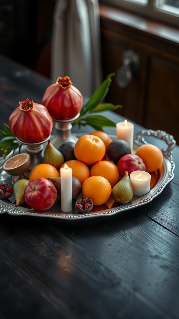 Vintage Silver Tray Filled With Seasonal Fruit And Candles