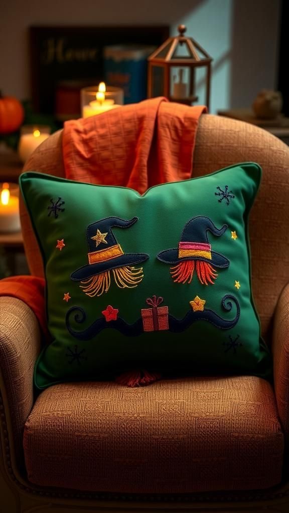 Witch Hat and Broomstick Embroidered Cover