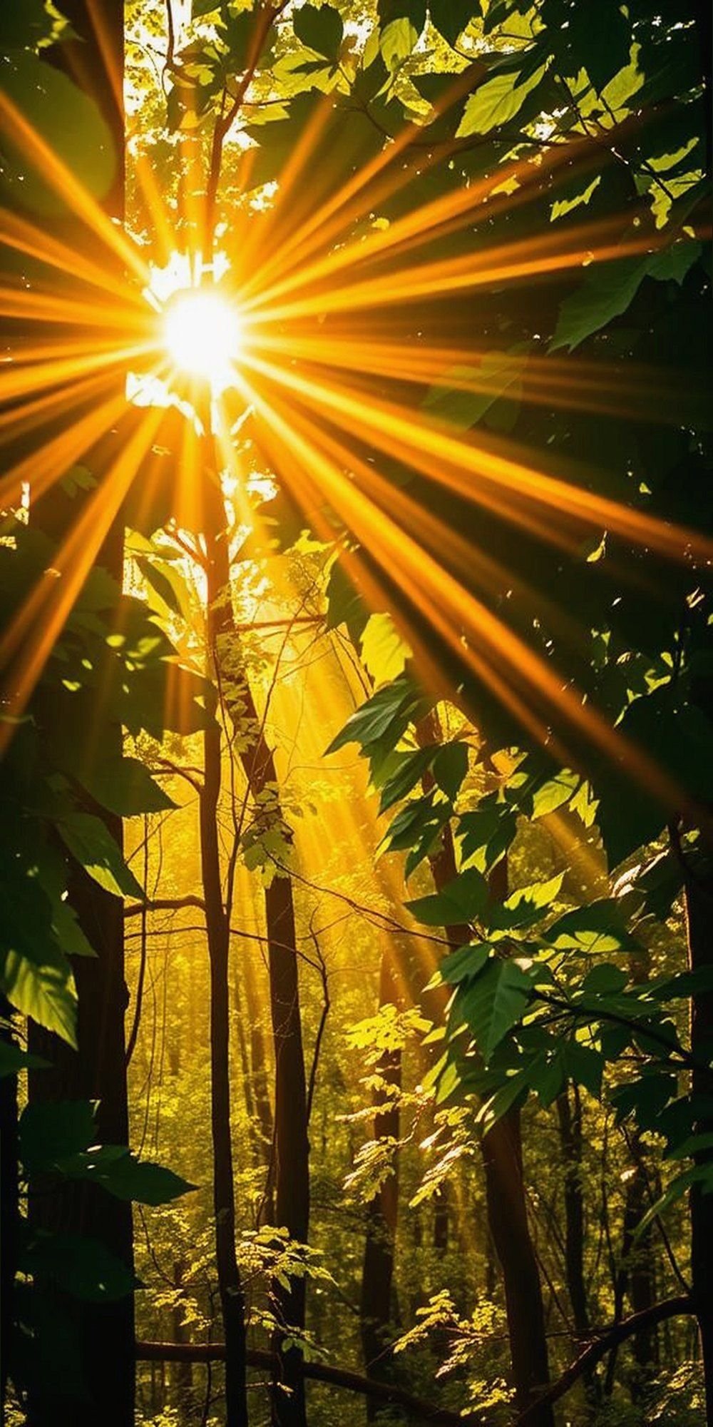 Golden Sunbeams Piercing Through Leafy Boughs