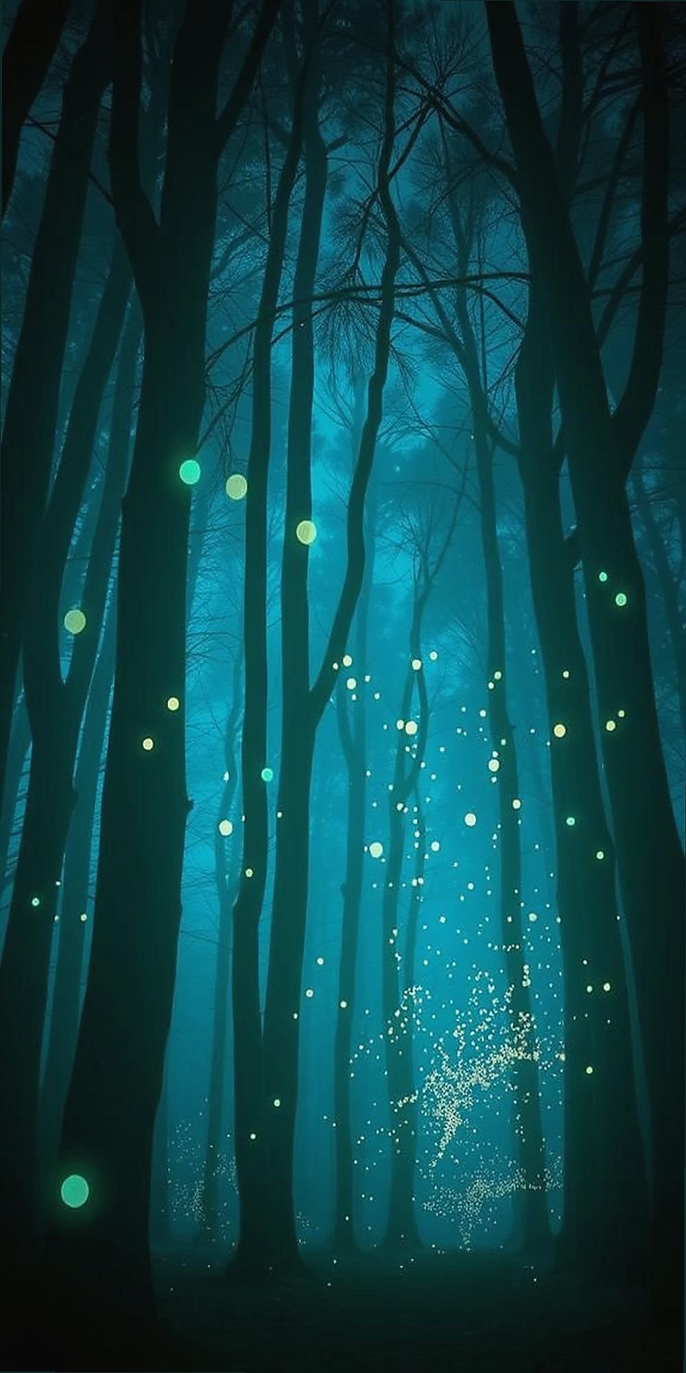 Luminous Fireflies Dancing Among Tall Trees