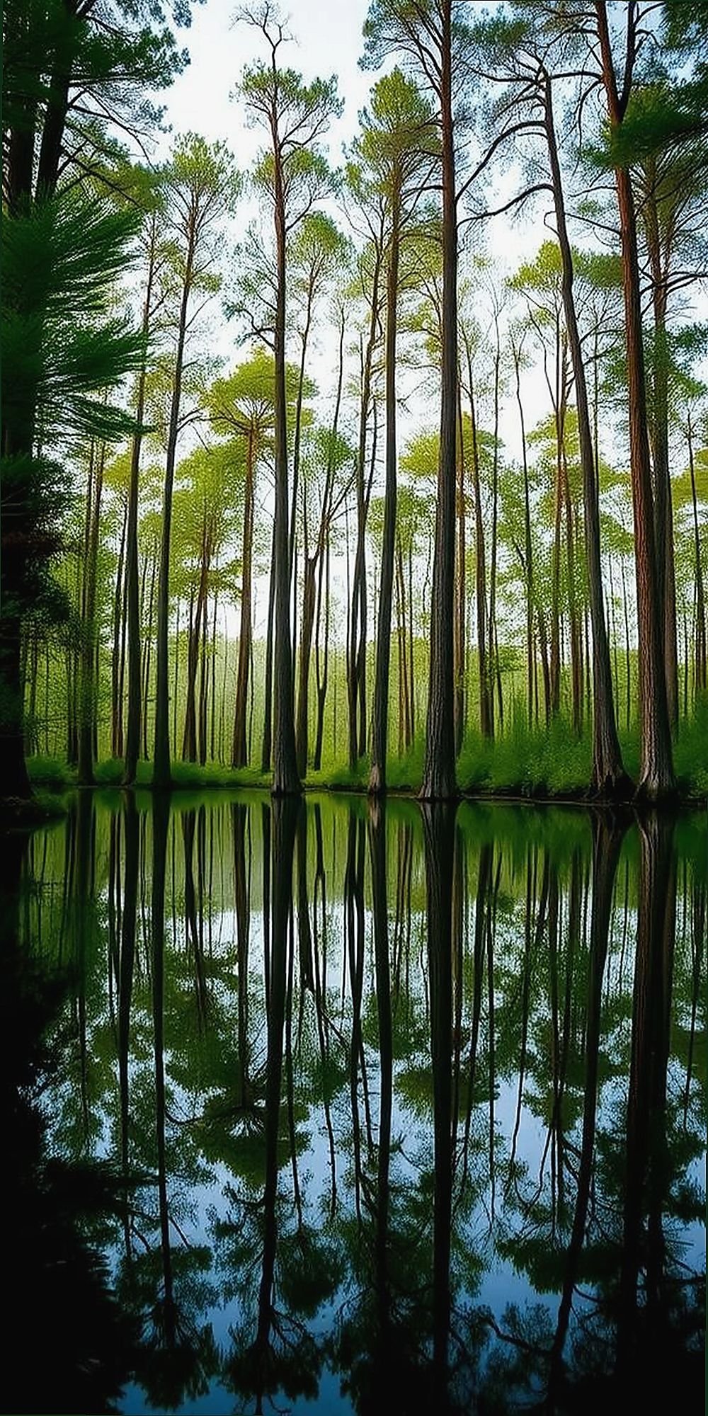 Reflections of Tall Trees in Still Forest Pond