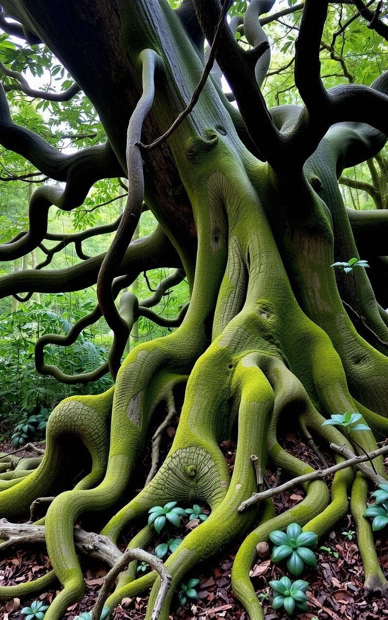 Ancient Tree with Twisting Branches and Roots