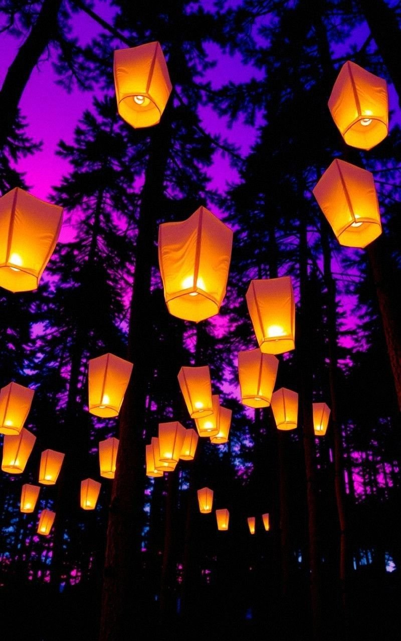 Enchanted Forest with Floating Lanterns at Twilight