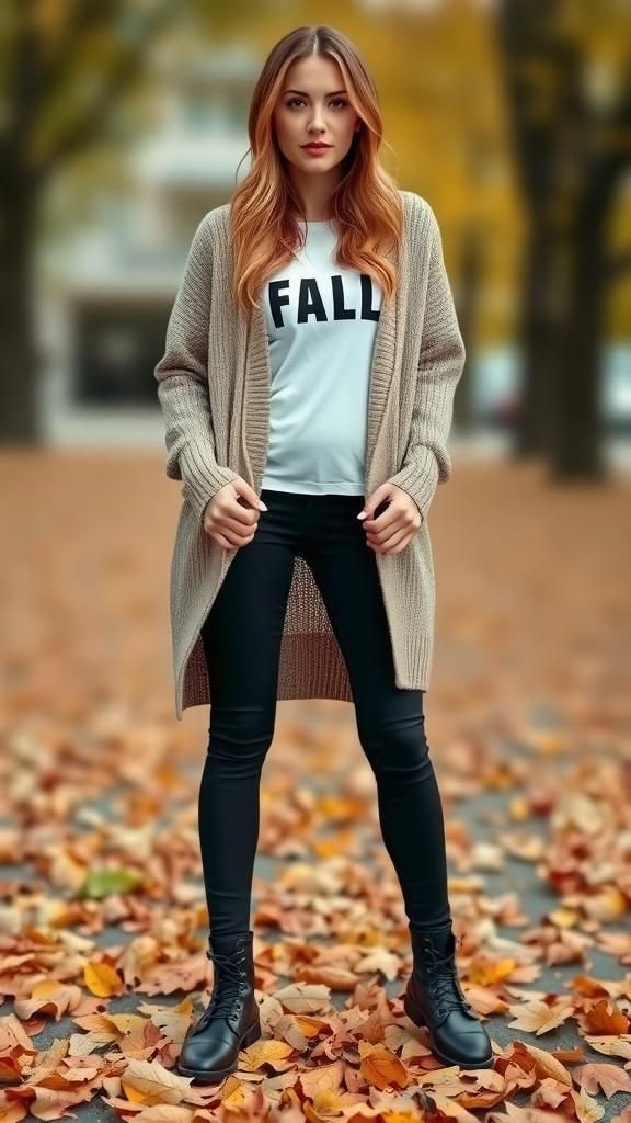 Oversized Cardigan With Graphic Tee And Leggings