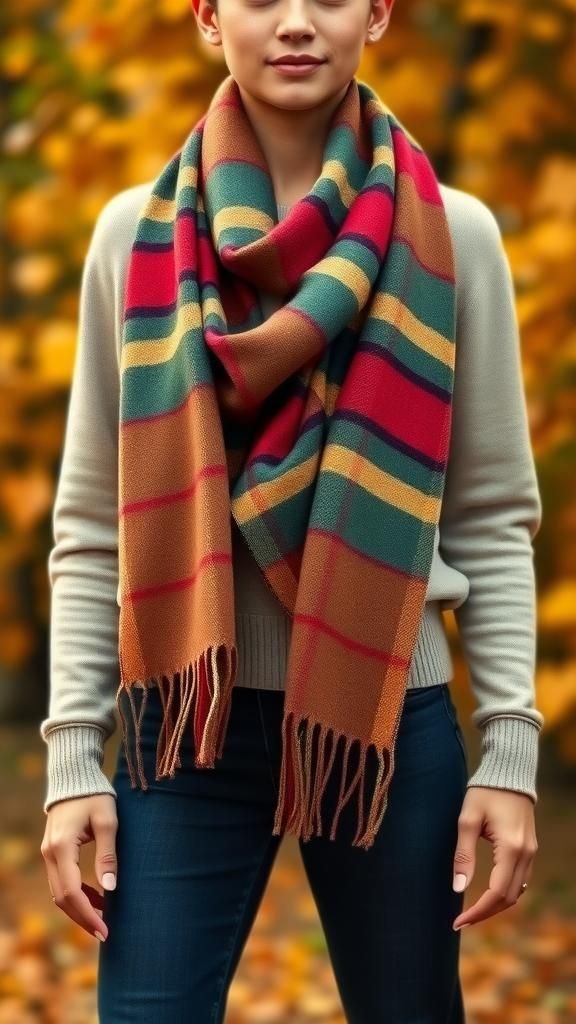 Plaid Scarf Accessory To Brighten Simple Outfits