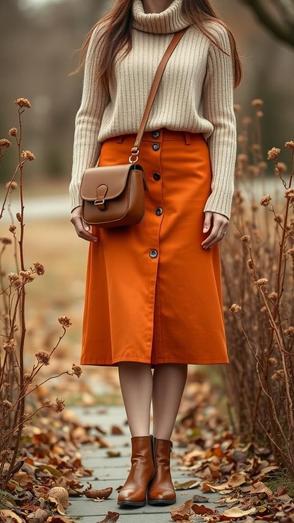 Rust-Colored Midi Skirt With Knit Sweater