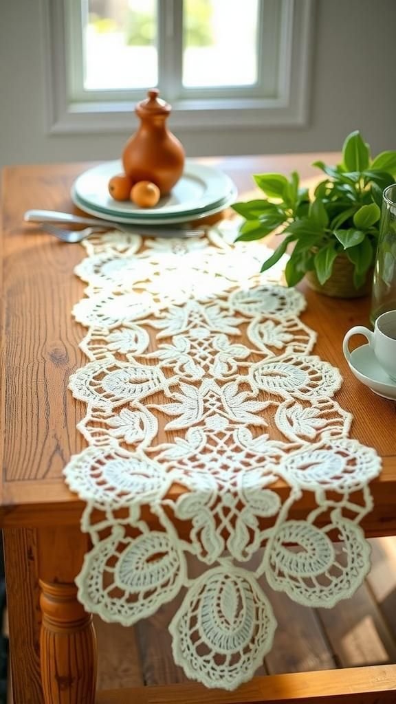 Crocheted Lace Runner With Autumn Leaf Pattern