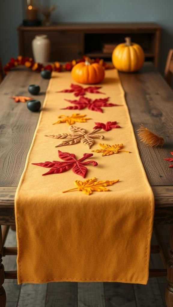 Leaf Appliqué Felt Runner With Warm Hues