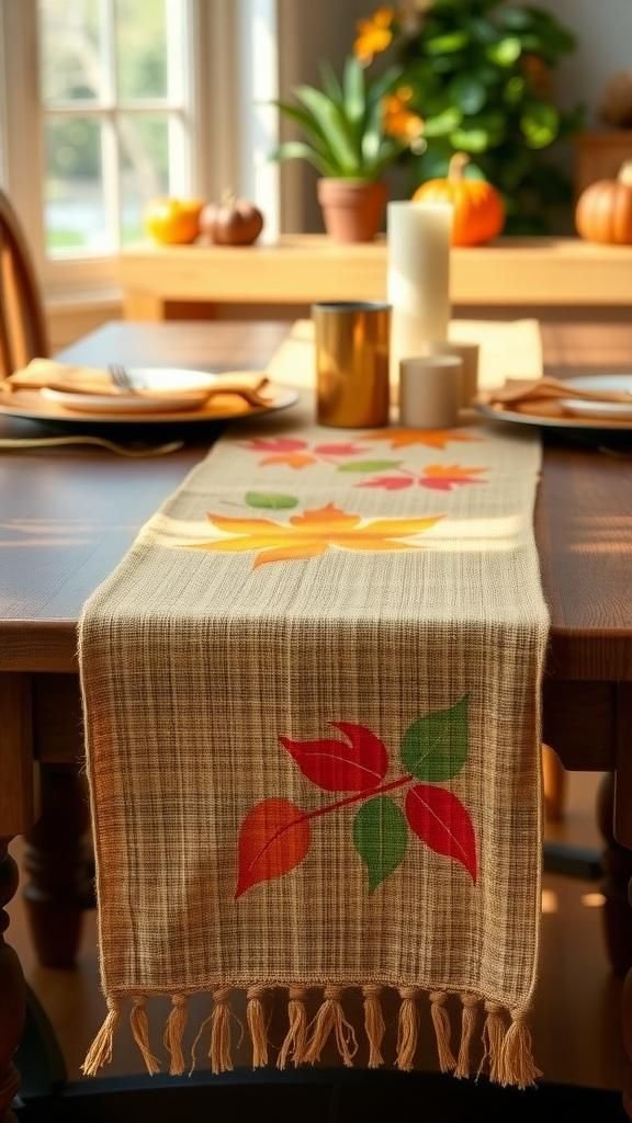 Rustic Burlap Table Runner With Leaf Stencils