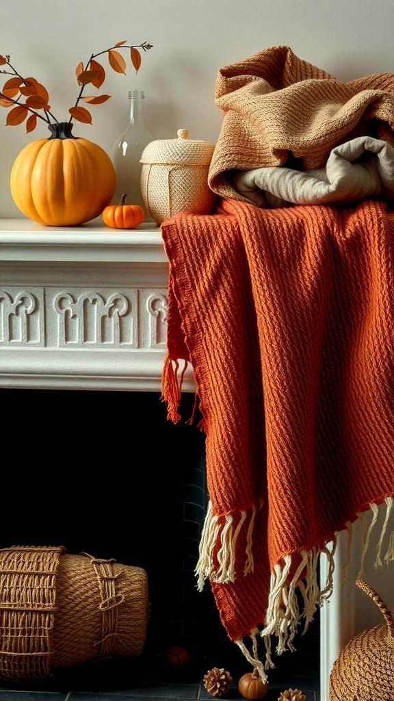 Layered Textured Rugs Draped Over Mantel Edge