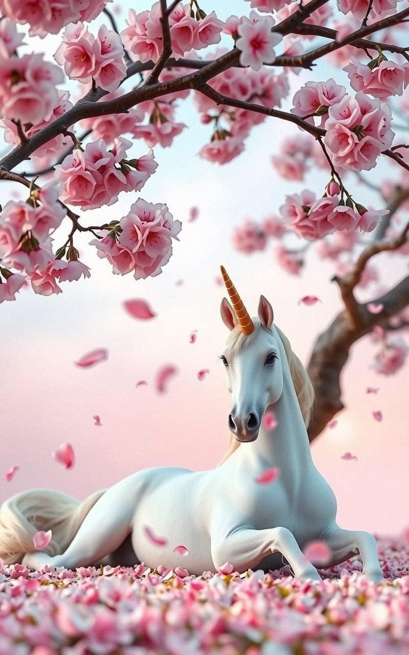 Dreamy Unicorn Resting Beneath Cherry Blossom Tree