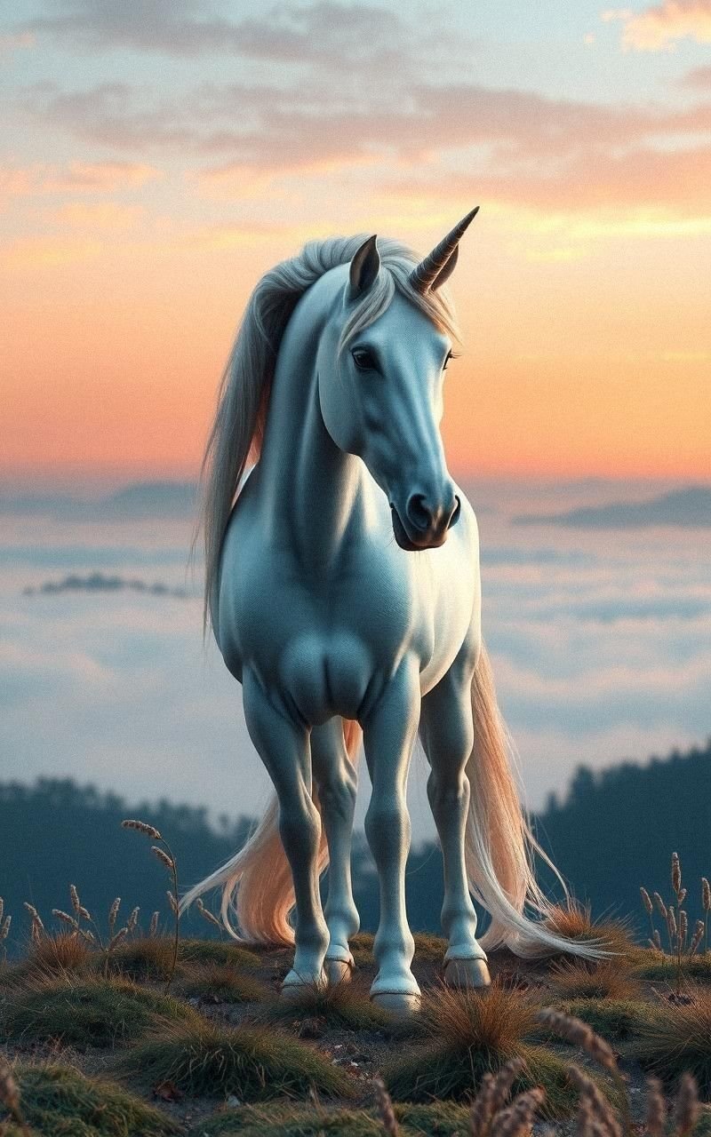 Elegant Unicorn With Silver Mane On Hilltop