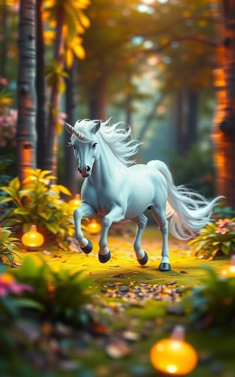 Glittering Unicorn Racing Through Magical Forest