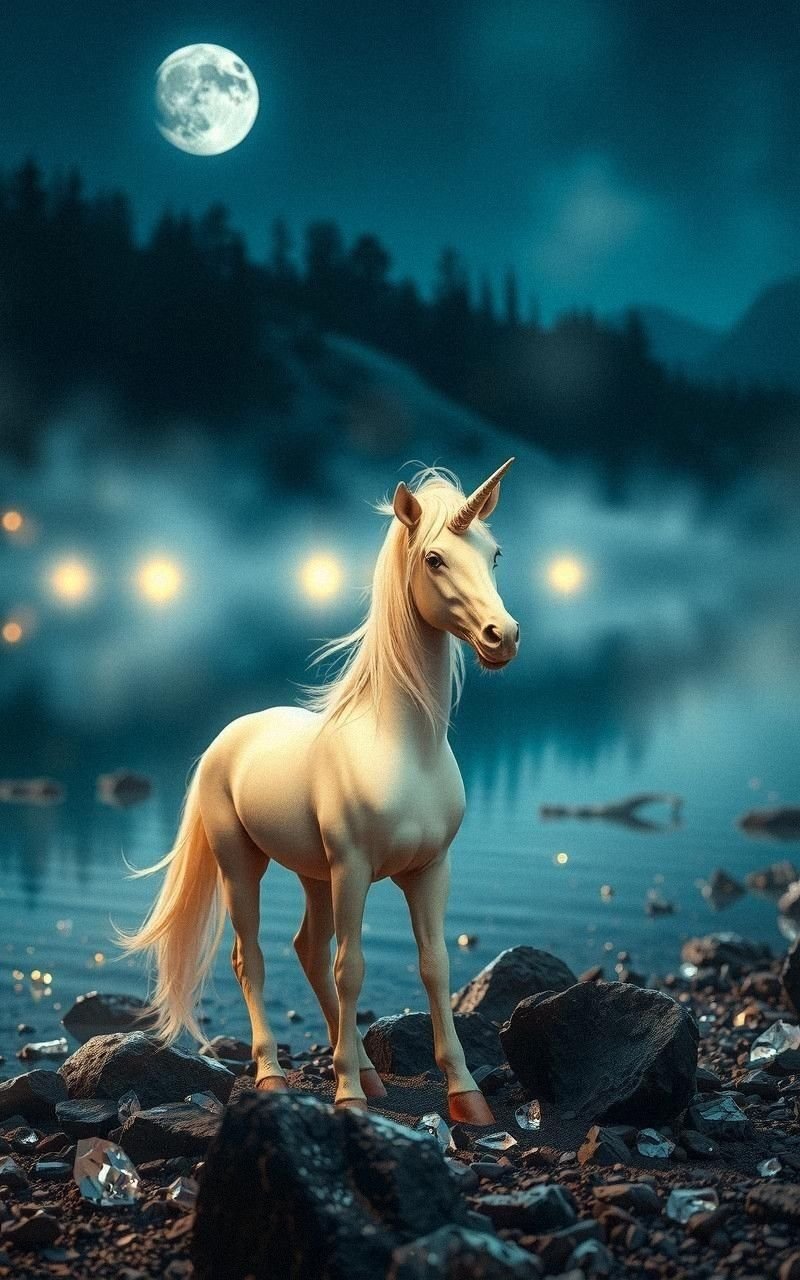Mystical Unicorn Standing On Crystal Lake