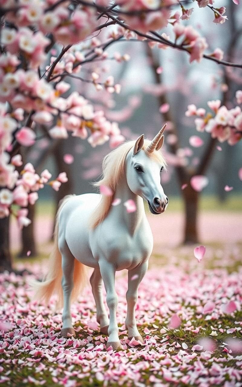 Unicorn Among Cherry Blossoms In Springtime