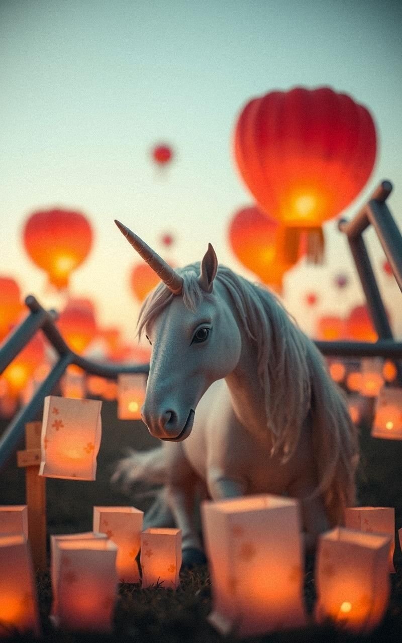 Unicorn Among Floating Lanterns At Dusk