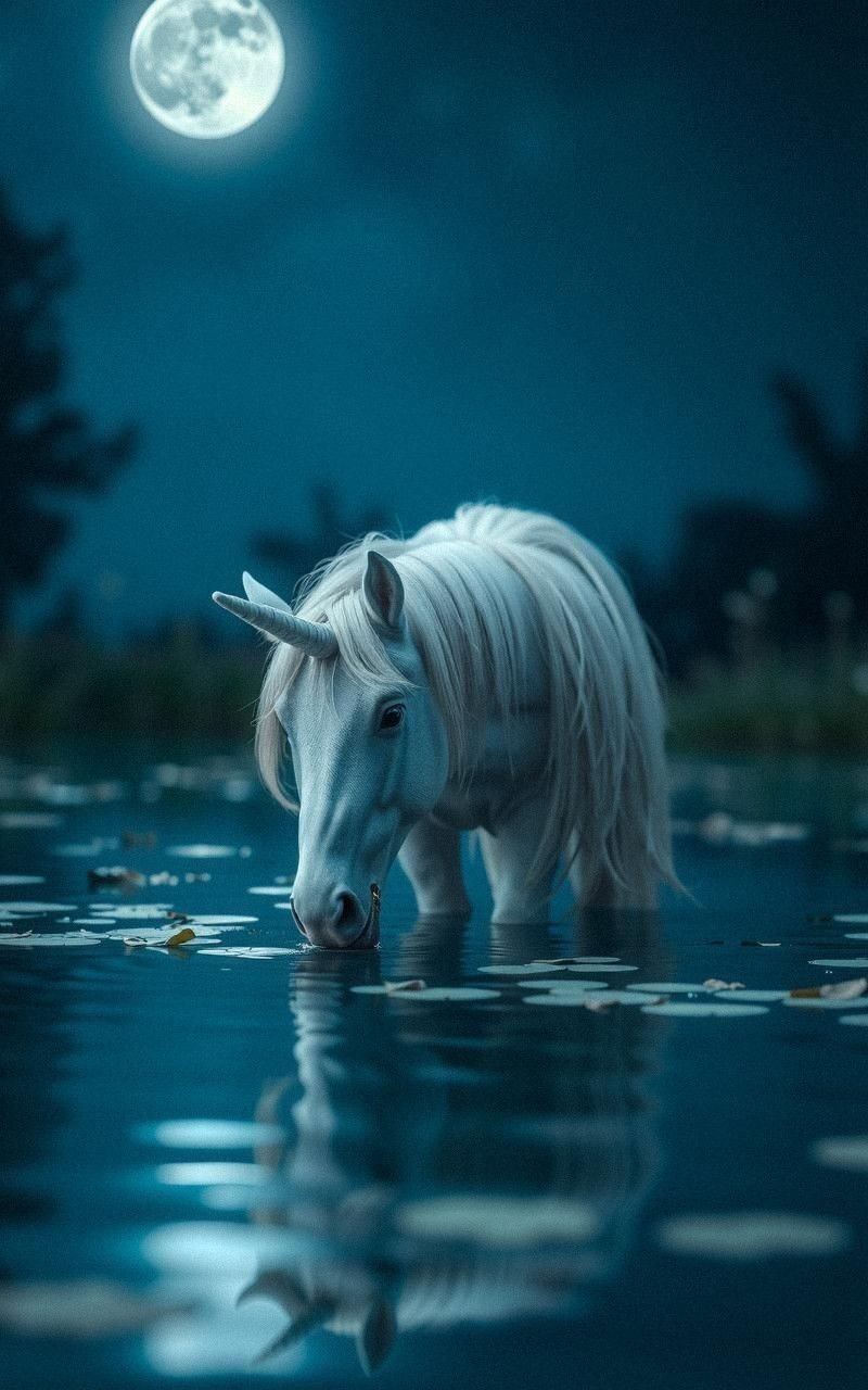 Unicorn And Moonlight Reflections In Tranquil Pond